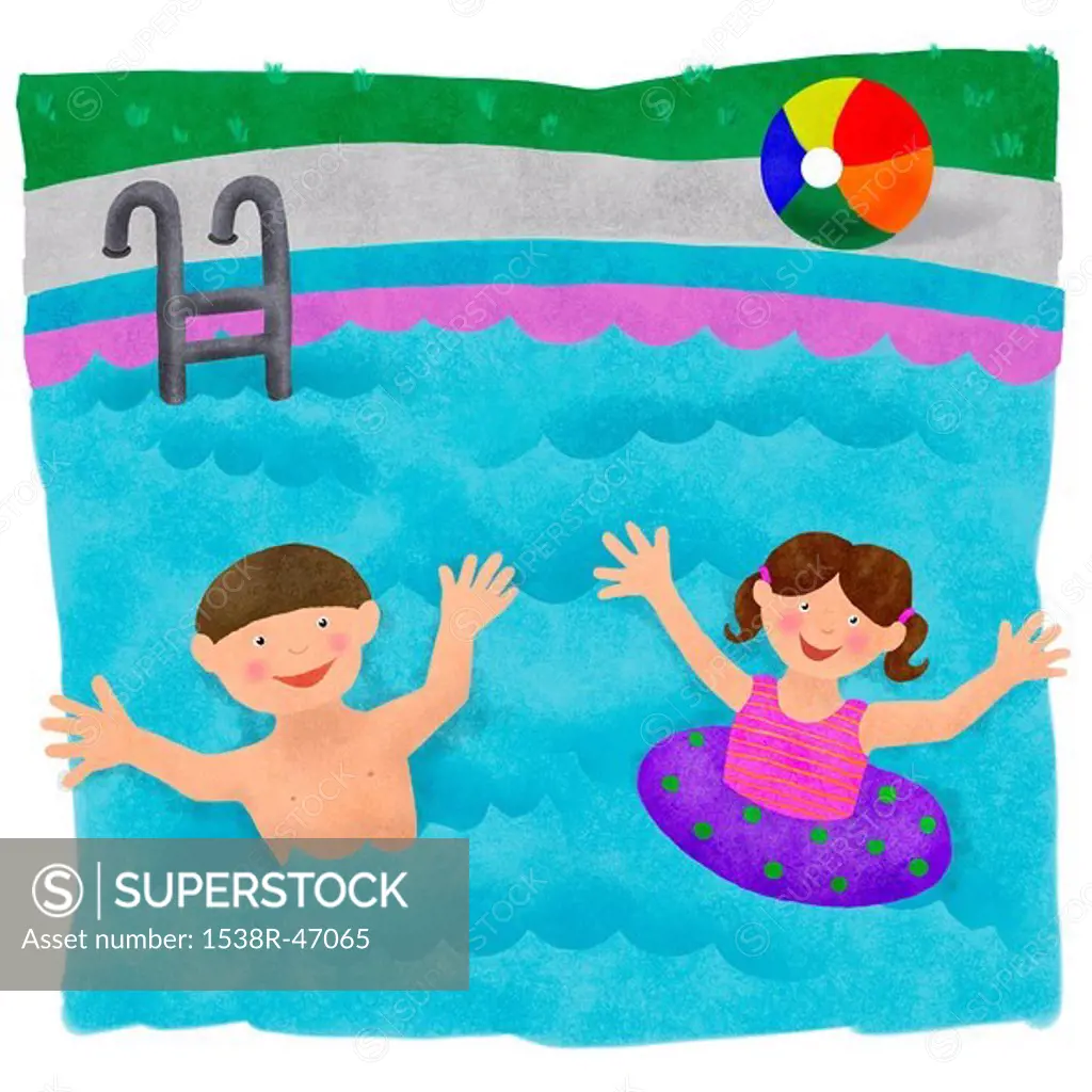 Two kids playing in the swimming pool