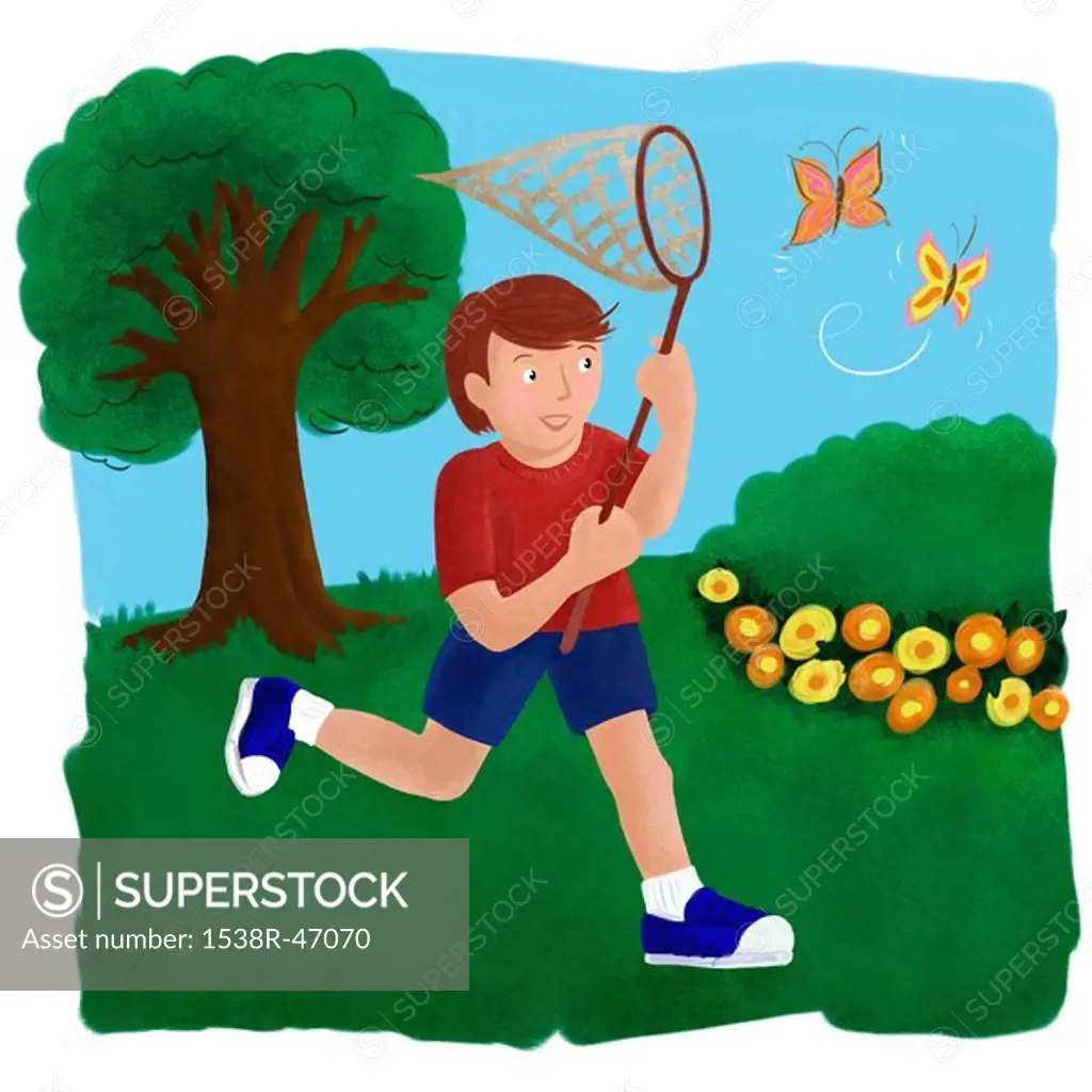 A boy catching butterflies with a net