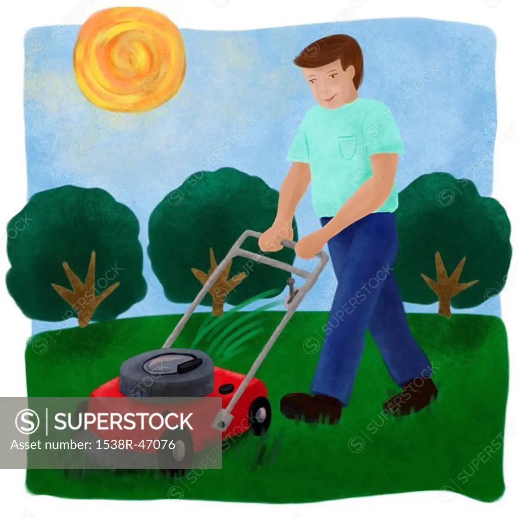 A man mowing the lawn with a lawnmower