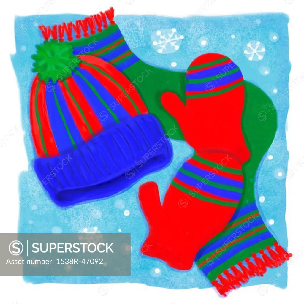 A graphic representation of a toque, scarf, and mittens