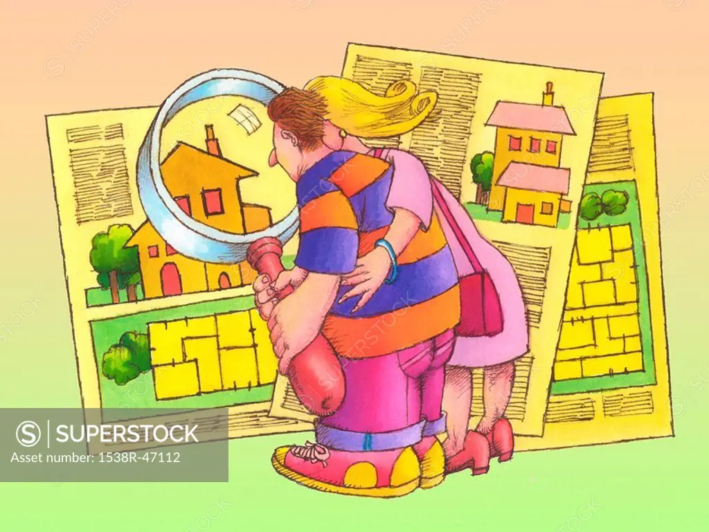 A couple shopping for houses using a magnifying glass to look at the house plans