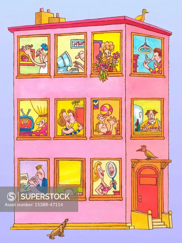An illustration showing lives of people living in an apartment building
