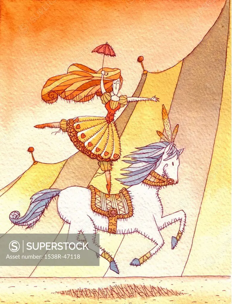 A woman riding a horse while standing on one leg
