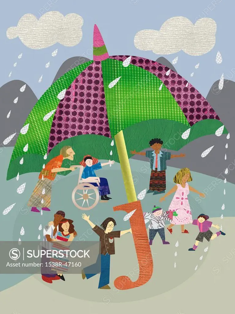 Children playing under a giant umbrella on a rainy day