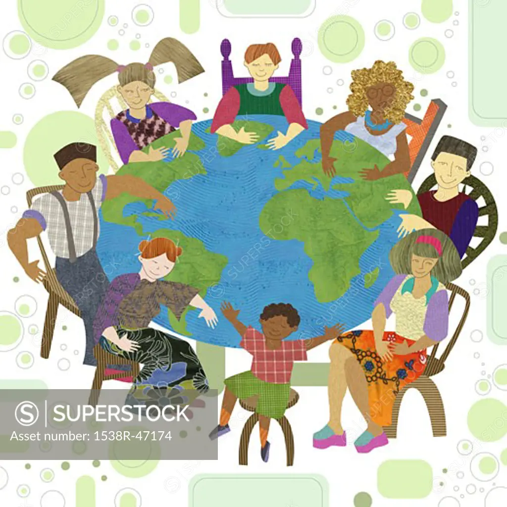 Multicultural people sitting around a table in the shape of the earth