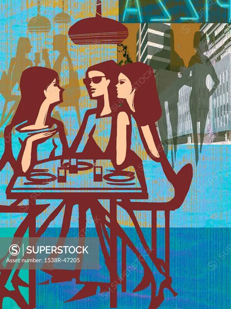 Three women having lunch in a restaurant