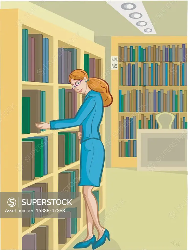 A librarian arranging books on the shelves