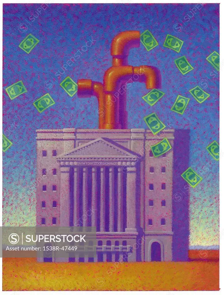 A picture of a money making factory with cash coming out from pipes at the top of the building