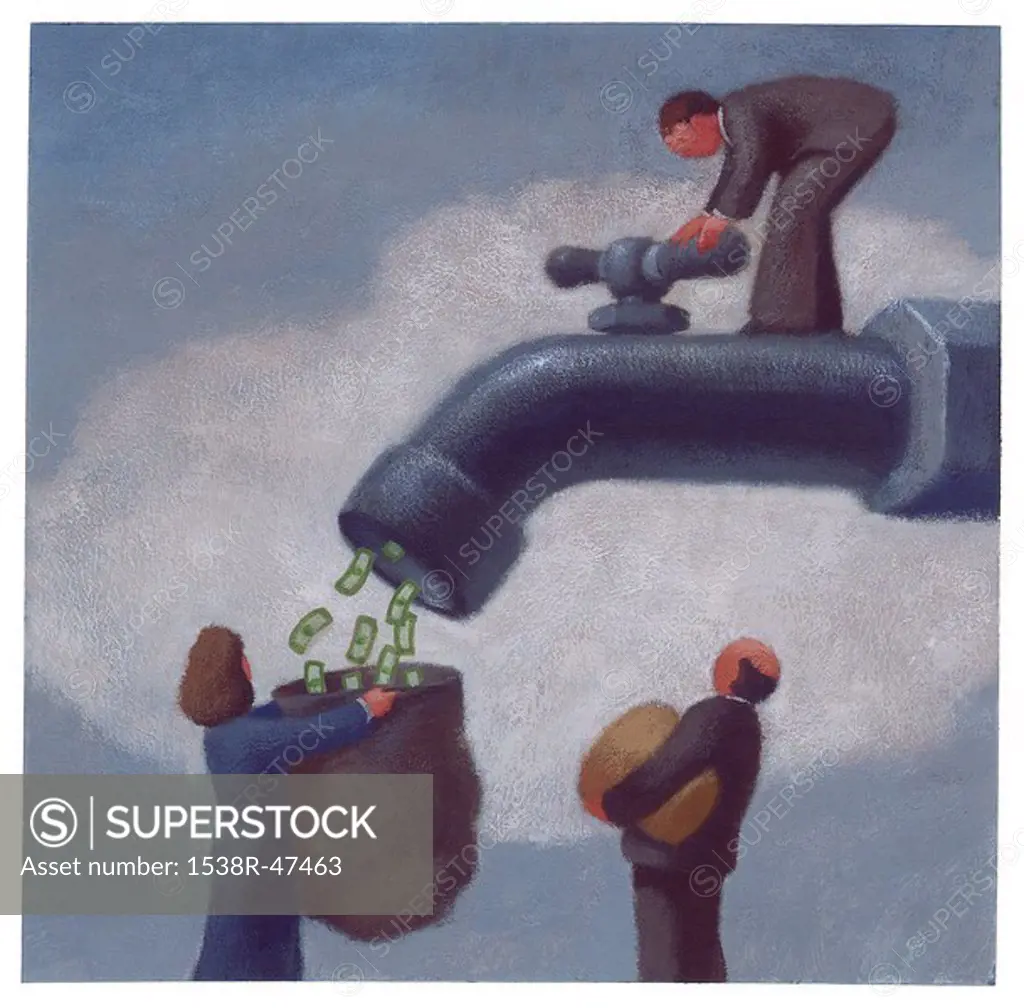 An illustration of people collecting cash from a money faucet