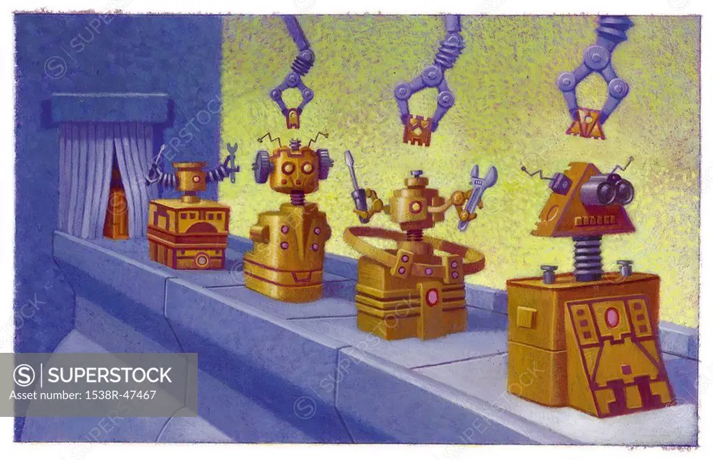 An assembly line in a robot factory putting parts together
