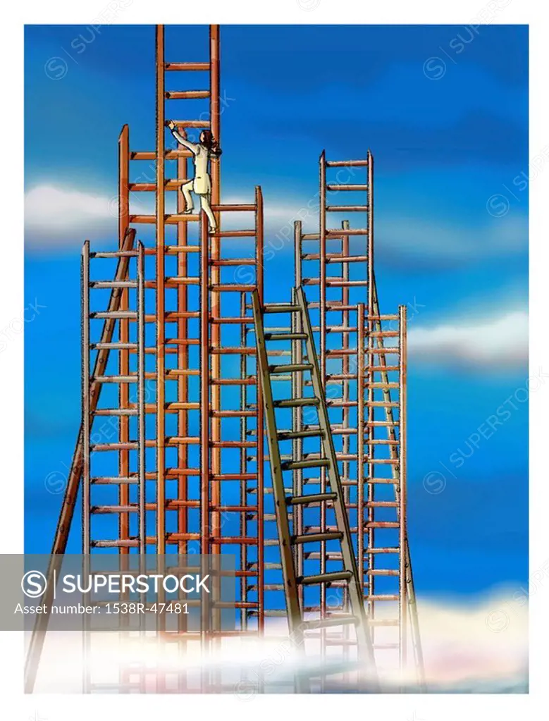 A businesswoman climbing the tallest ladder