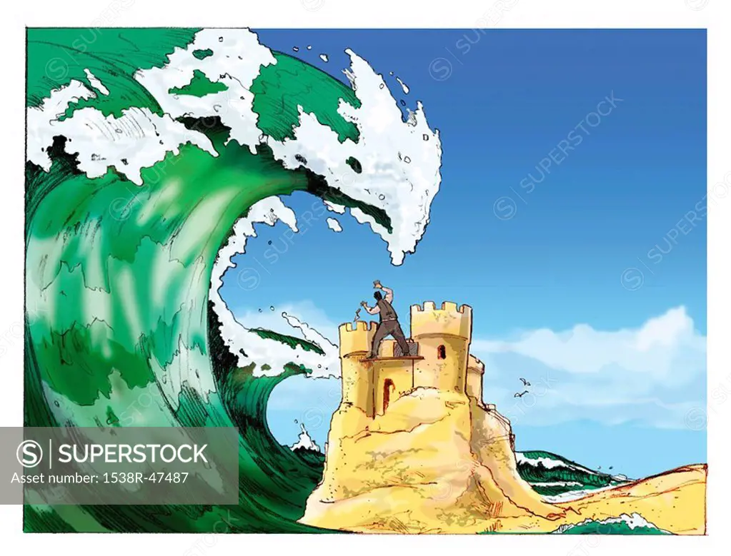 A businessman on top of a sandcastle about to be submerged underneath a giant ocean wave