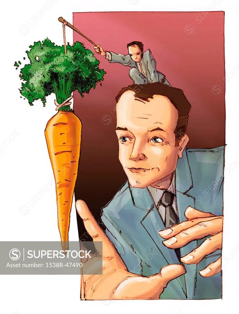 A little man dangling a carrot in front of a businessman