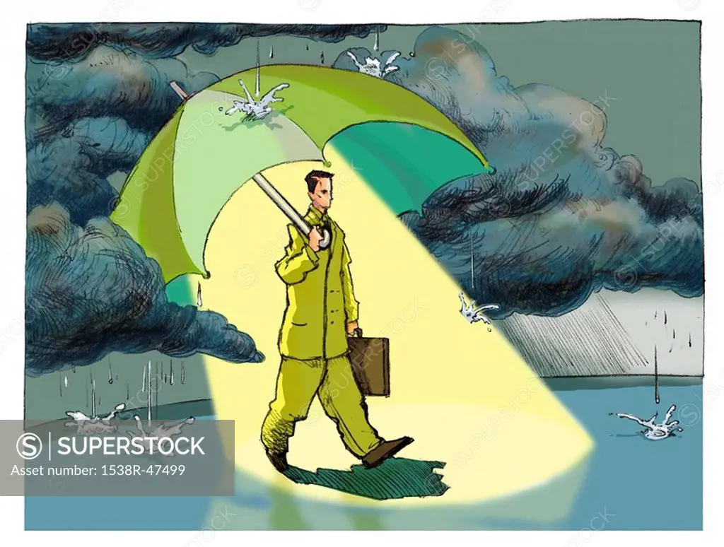 A businessman walking under a sunny umbrella, while in the midst of a storm