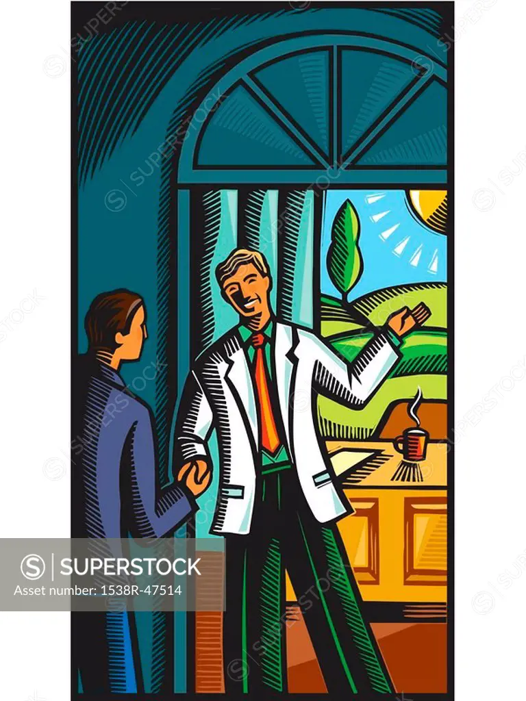 A doctor greeting a patient at his office door