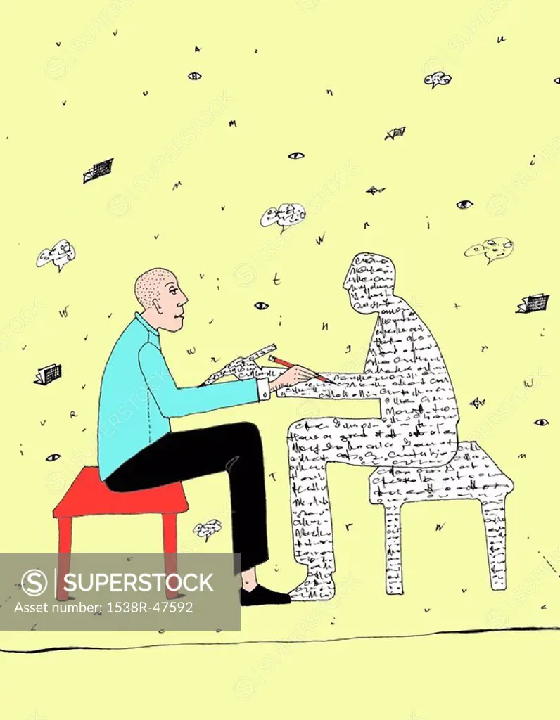 Man talking to a person made of words
