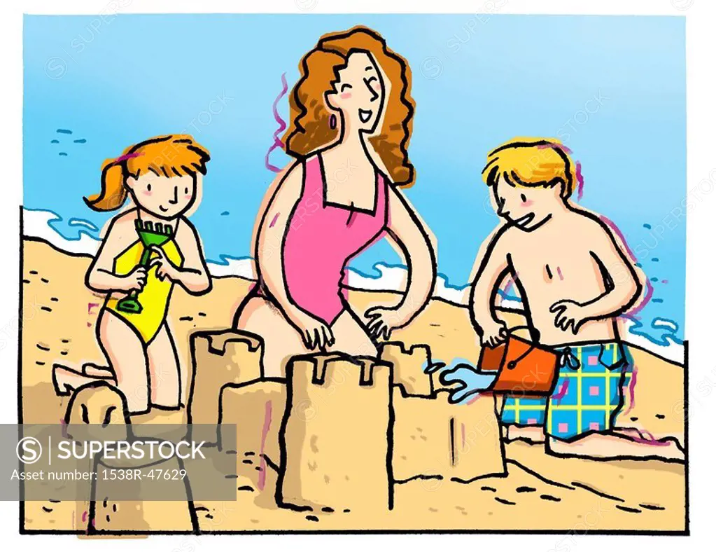 Two children building a sandcastle with their mother