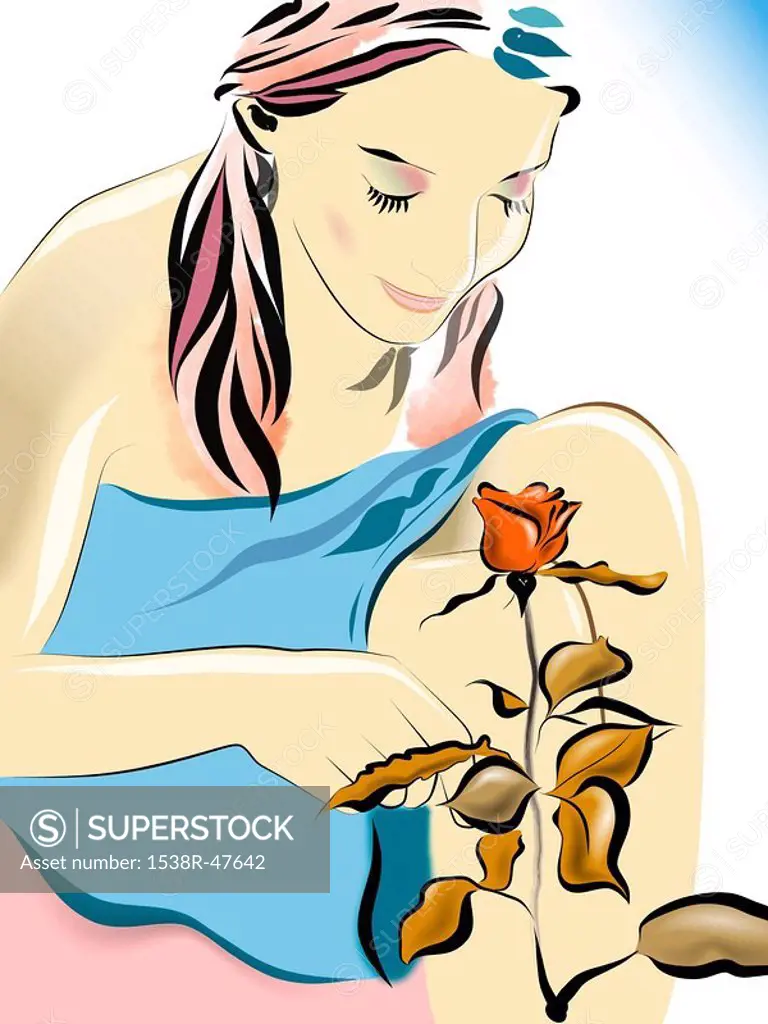 Illustration of a woman smelling a rose