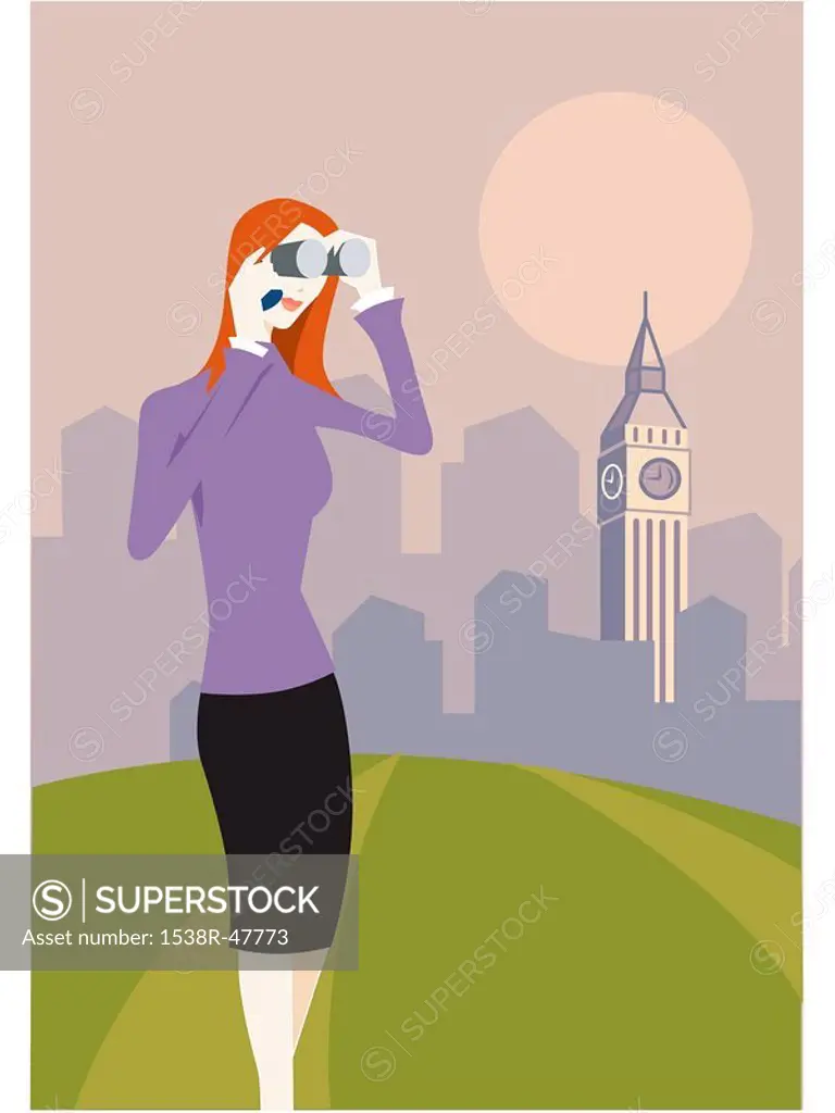 Woman with binoculars standing in front of Big Ben