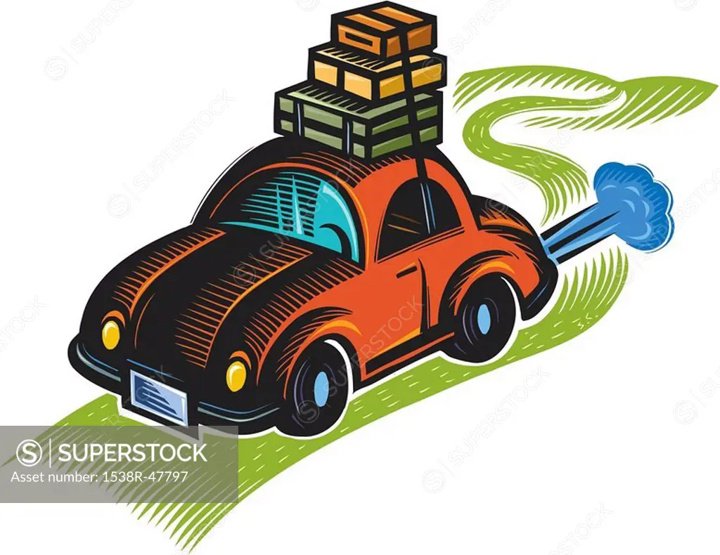 A graphic representation of a car packed up for a road trip