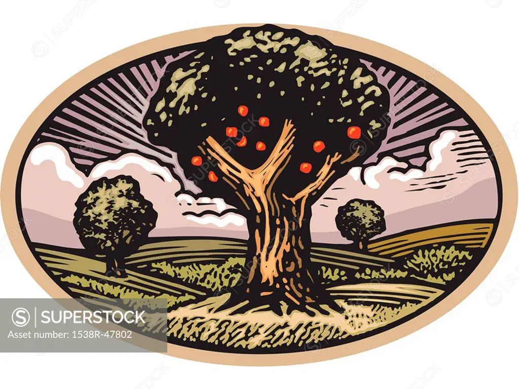 Oval shaped scene with apple tree in orchard