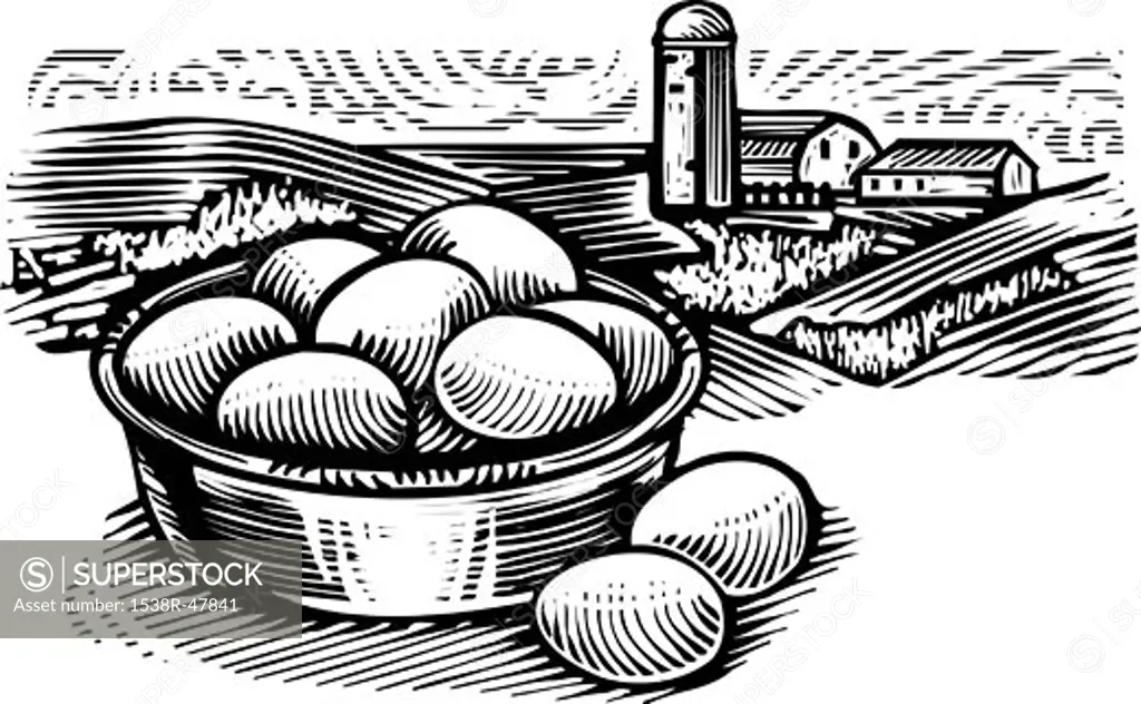 Basket of eggs in front of farm scene, black and white