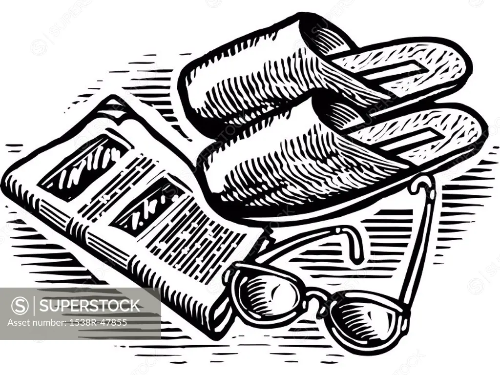 An black and white illustration of slippers, glasses, and newspaper