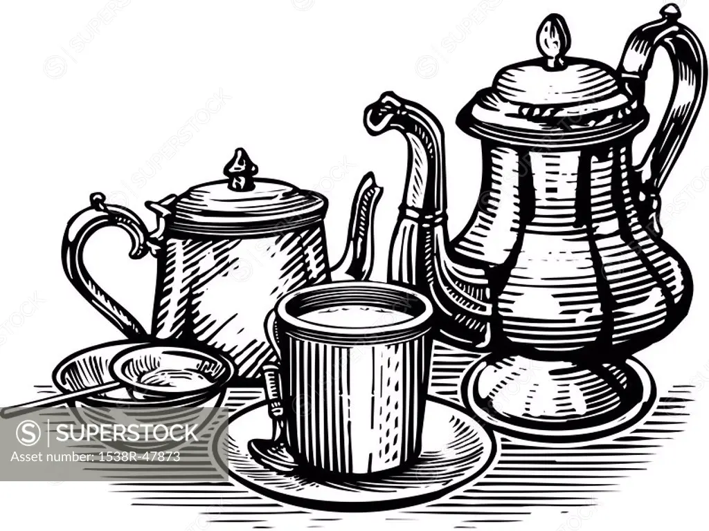 A black and white representation of a tea set