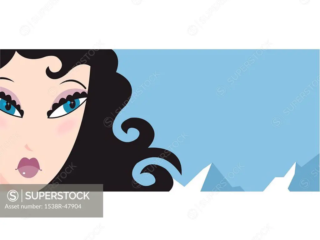 A woman with black curly hair on a light blue background