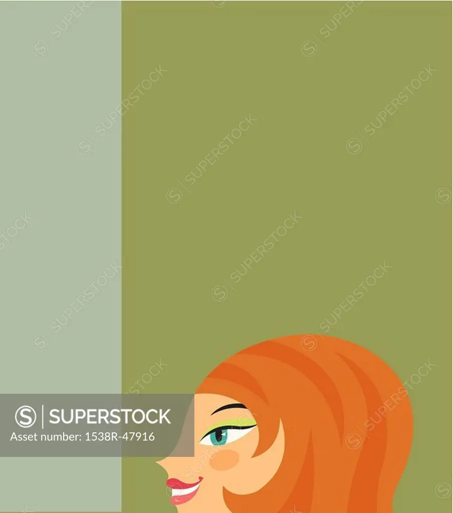 Redheaded woman on green background