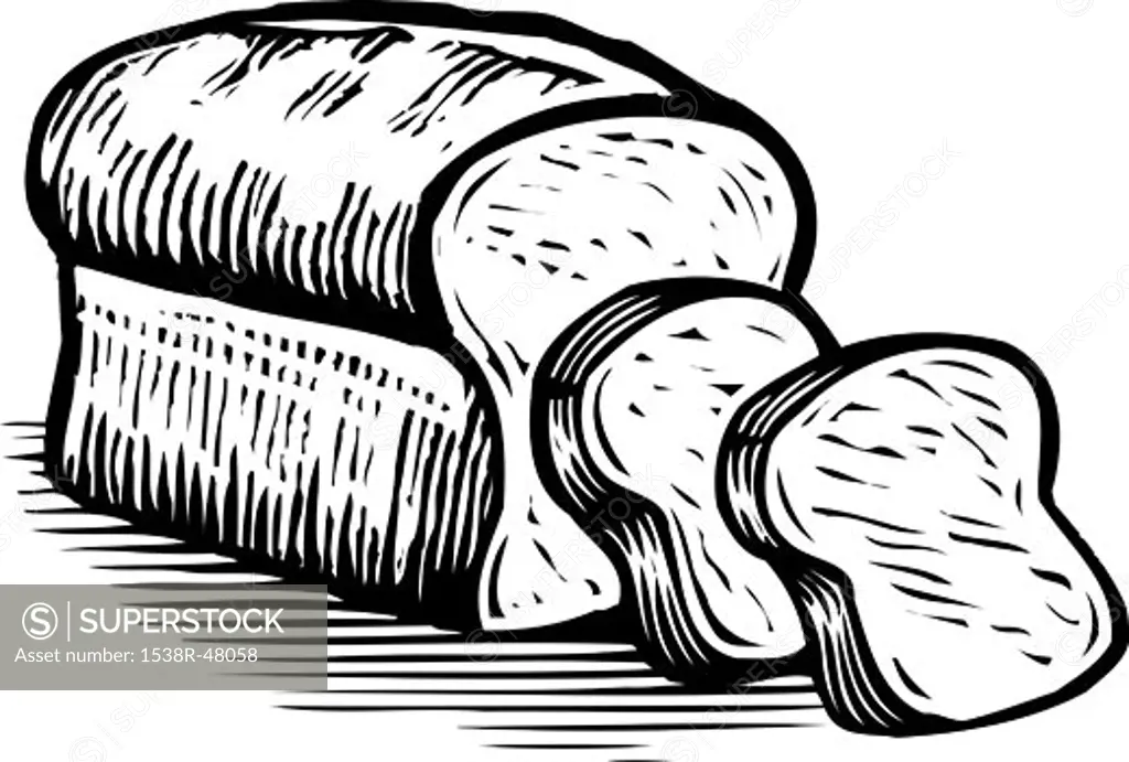Sliced loaf of bread, black and white