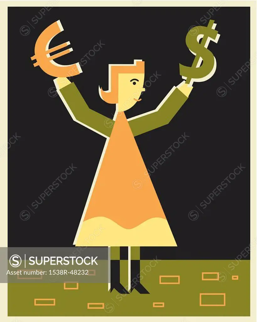 A woman holding euro and dollar signs in her hands