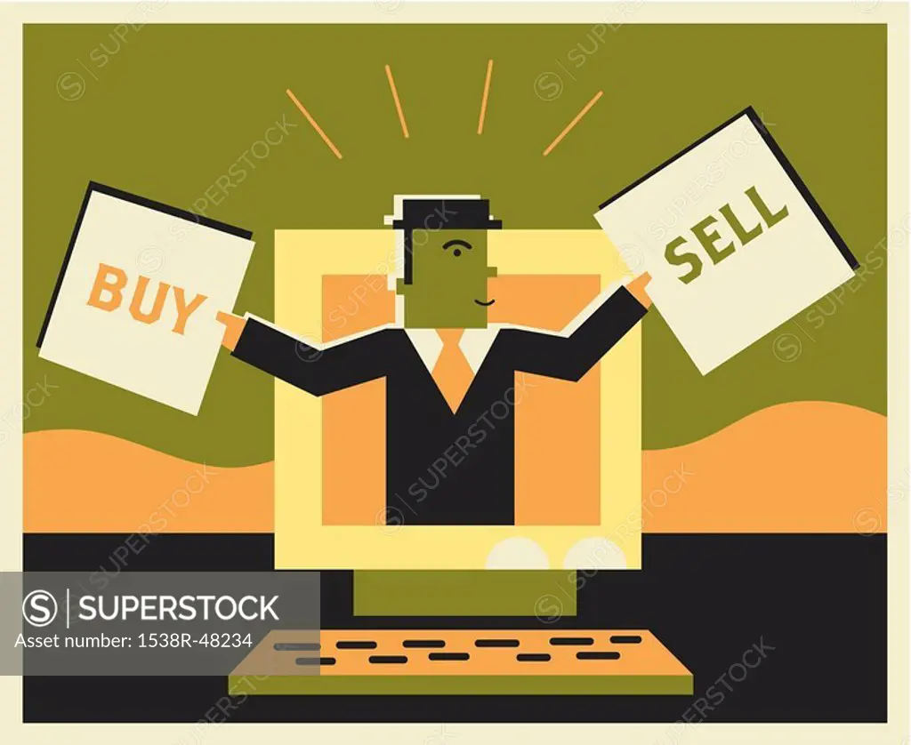 Man inside a computer holding buy and sell signs