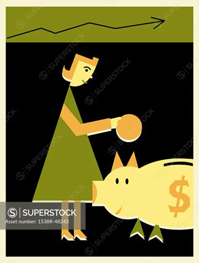 Woman putting money into a piggy bank