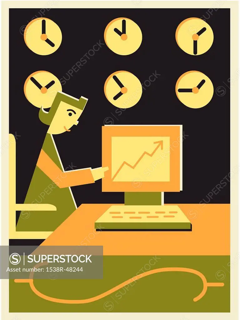 Woman working at a computer in front of international clocks