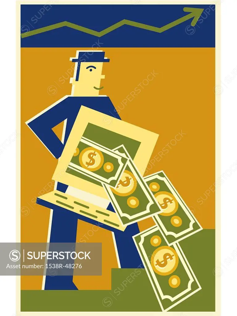 A man hold a computer screen with money coming out of it