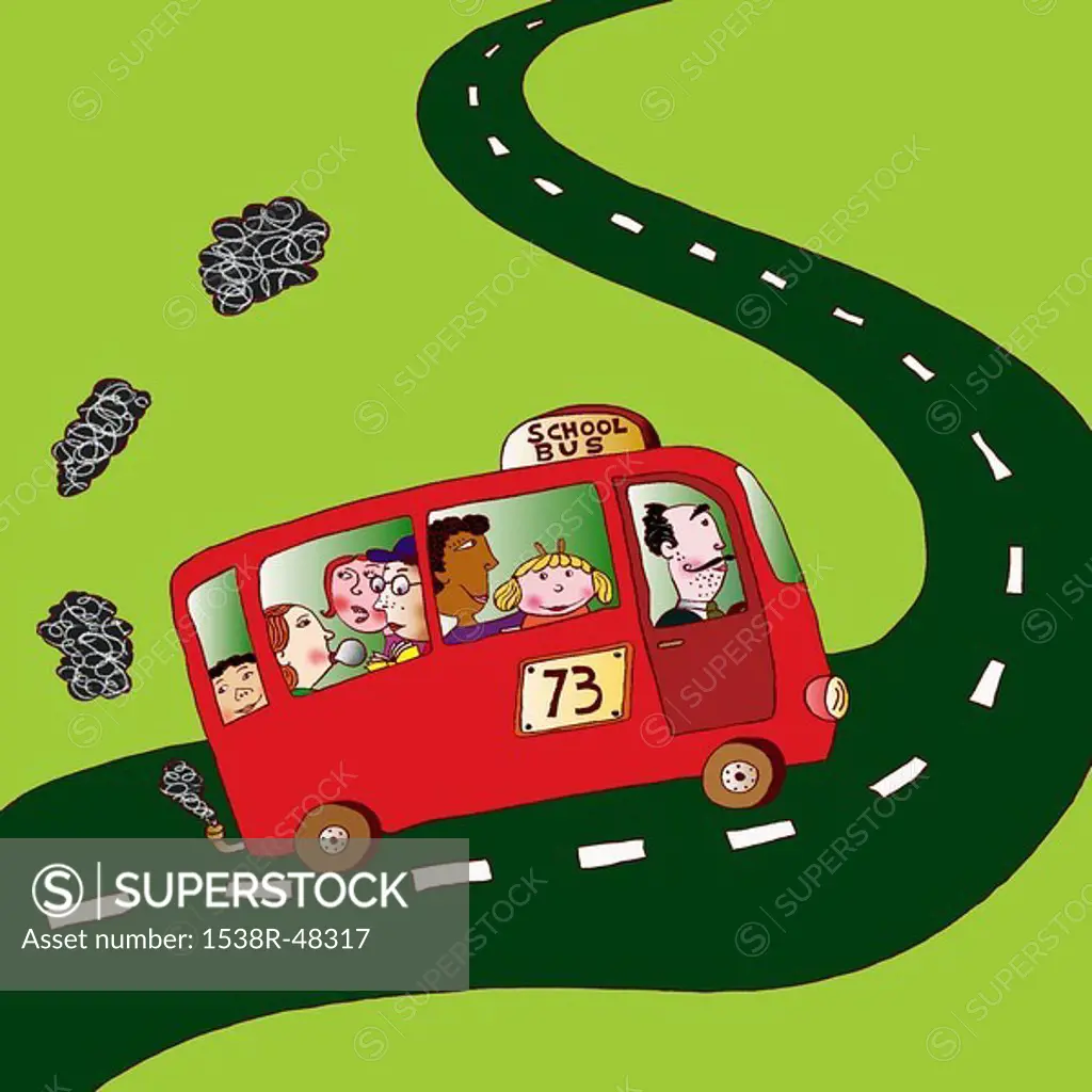 A school bus full of children traveling on a curved road
