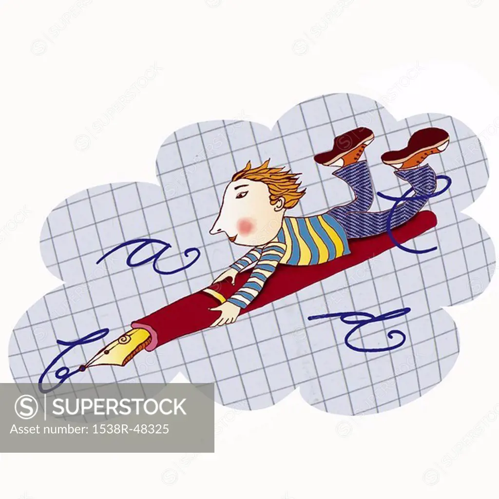 A boy riding on a flying pen