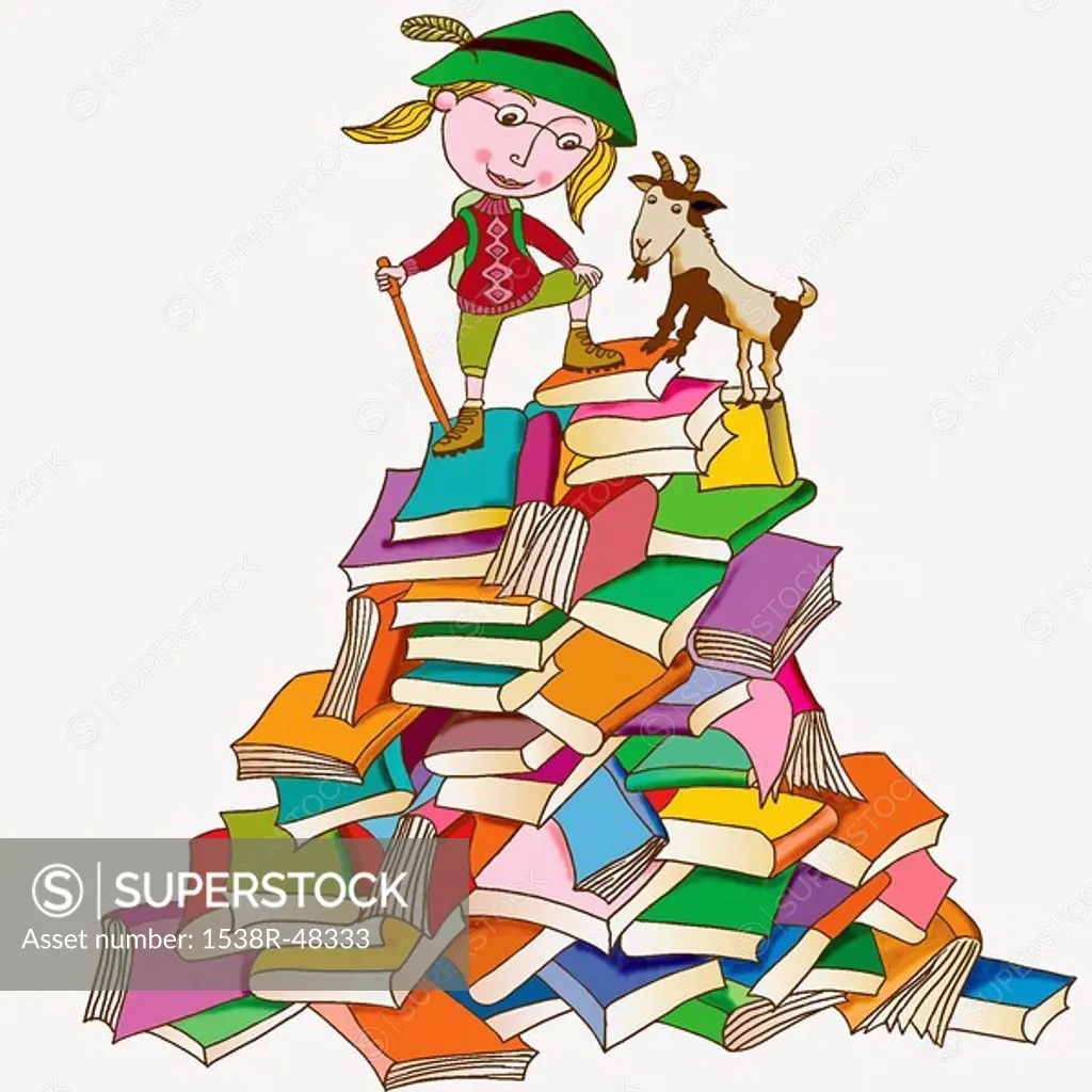 A girl on a mountain of books
