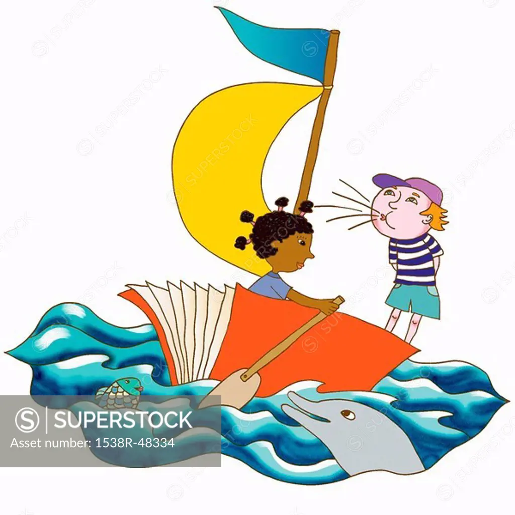 Two children sailing on a book