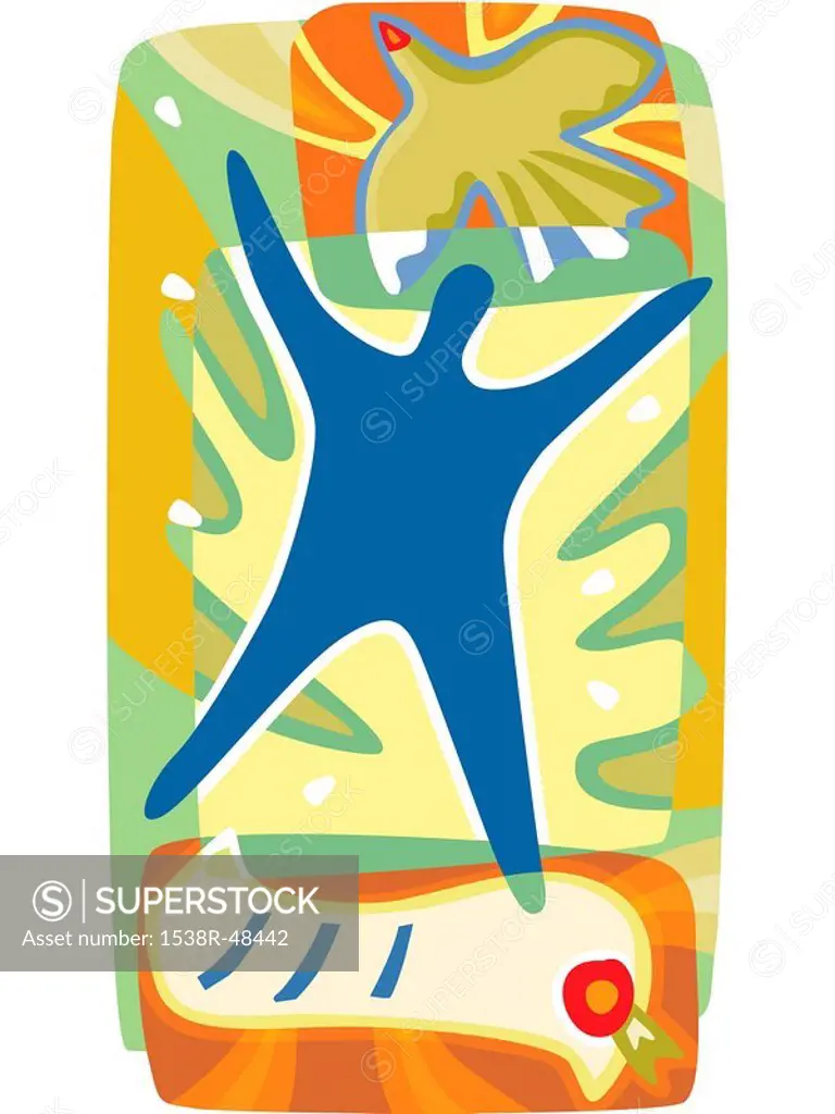 Person standing on a certificate and reaching towards a bird in flight