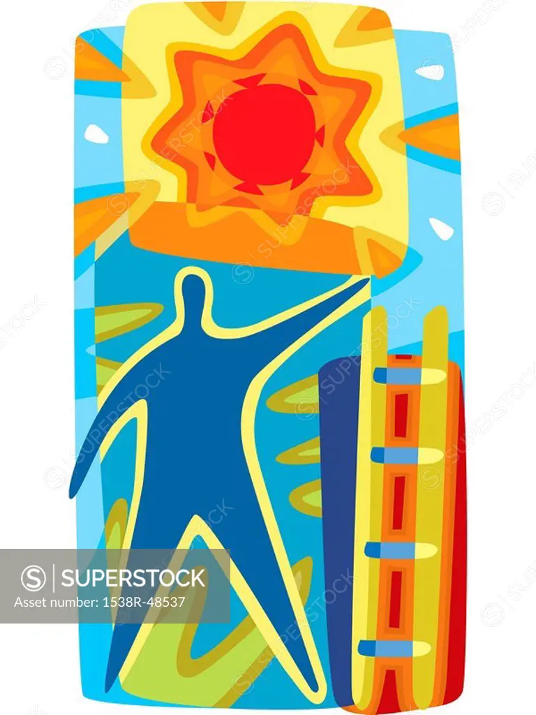 A person climbing a ladder towards the sun
