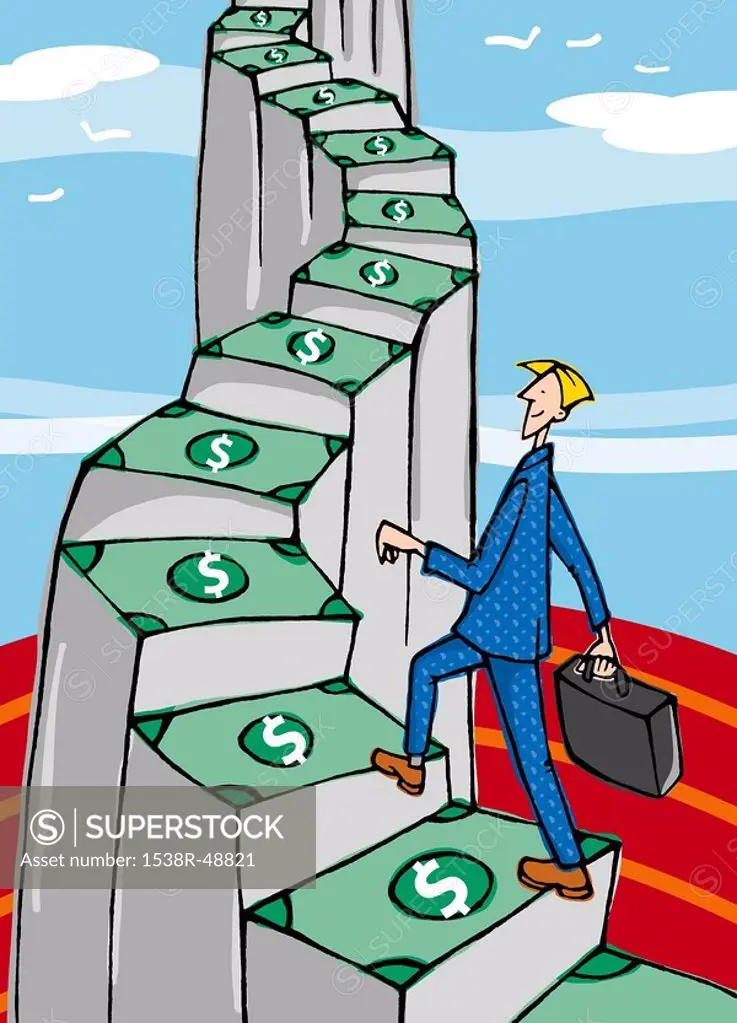 A man walking up the money stairs