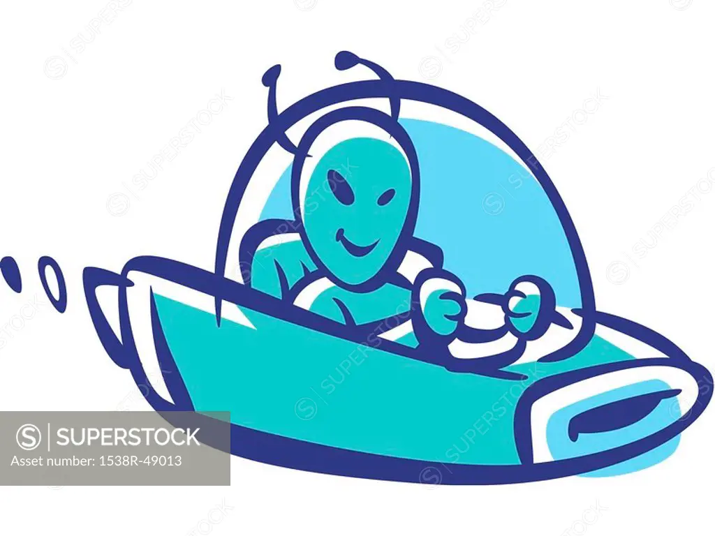 Cartoon drawing of an alien driving a spaceship