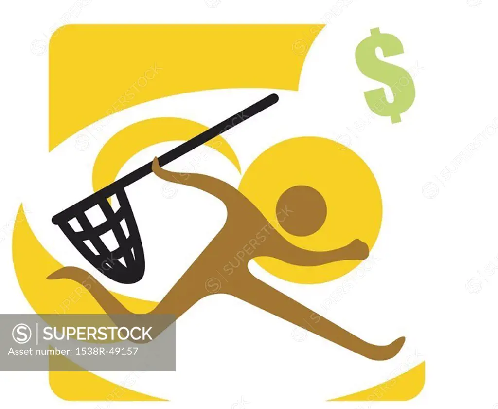 person running trying to catch money with a net