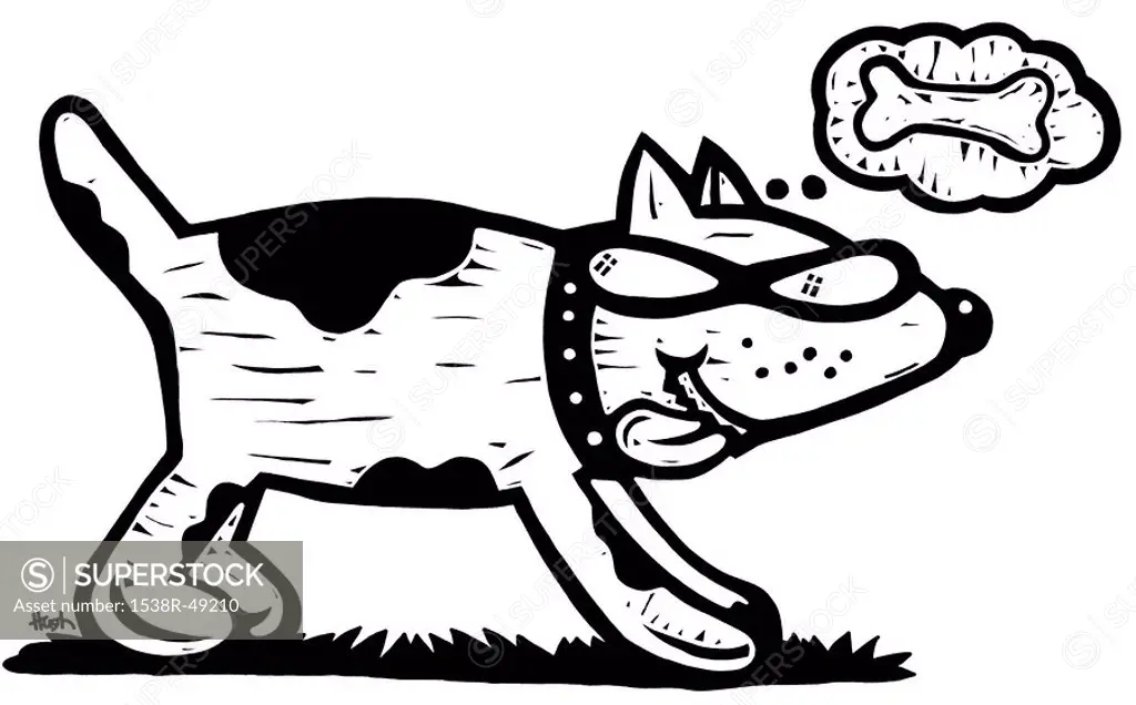 A black and white drawing of a hungry dog