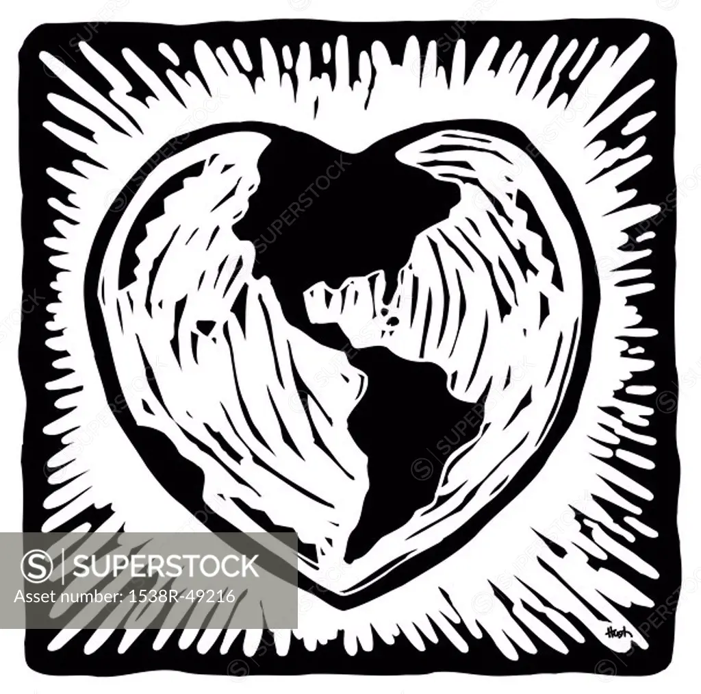 A black and white illustration of a heart shaped earth
