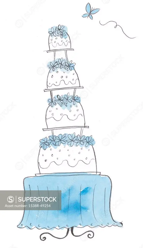 Four tier wedding cake on blue table