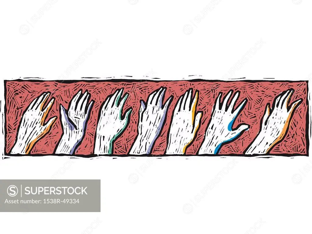 A drawing of a row of hands