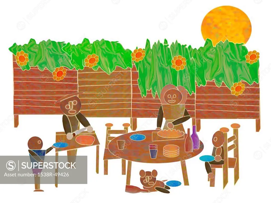 A family having a barbeque in the backyard